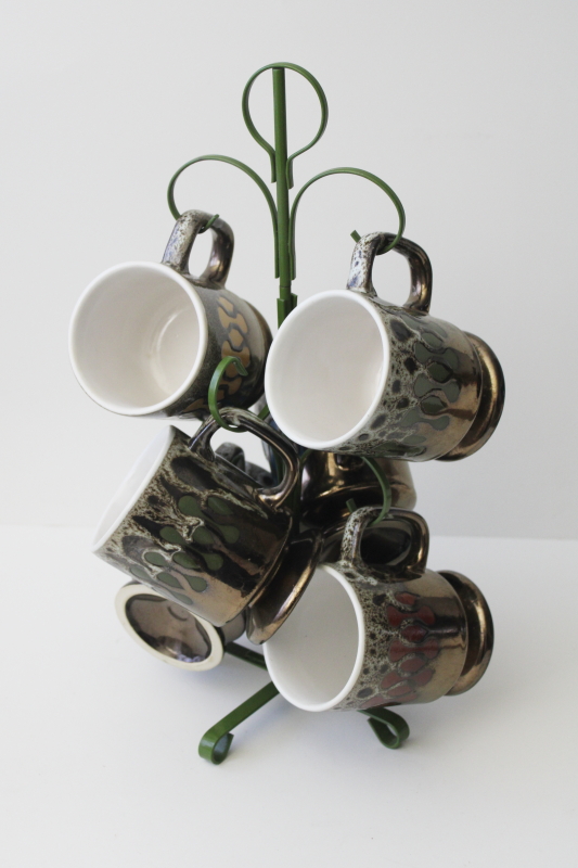 photo of 70s mod vintage Japan drip glaze ceramic coffee cups & mug tree set #1