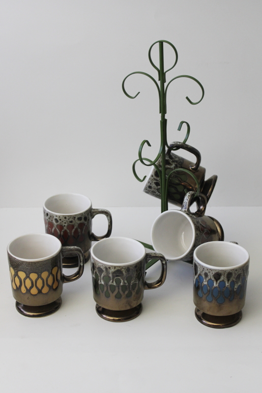 photo of 70s mod vintage Japan drip glaze ceramic coffee cups & mug tree set #2