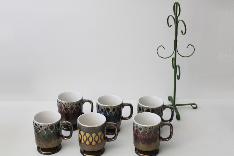 photo of 70s mod vintage Japan drip glaze ceramic coffee cups & mug tree set #3