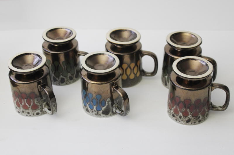 photo of 70s mod vintage Japan drip glaze ceramic coffee cups & mug tree set #7