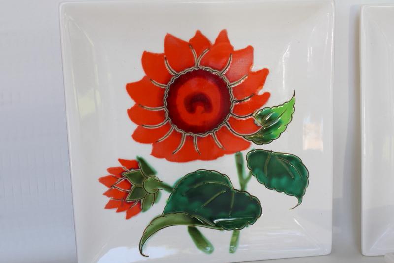 photo of 70s mod vintage Japan wall plaques square tile plates, orange & red mushroom, flower, fish #4