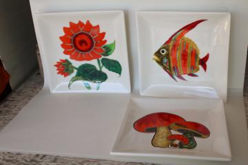 70s mod vintage Japan wall plaques square tile plates, orange & red mushroom, flower, fish