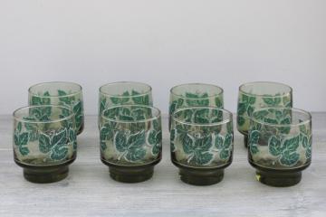 catalog photo of 70s mod vintage Libbey Accent old fashioned bar glasses, leaf print avocado green lowballs