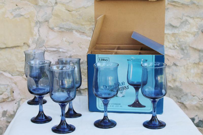 photo of 70s mod vintage Libbey dusky blue wine glasses Conniosseur shape original box #1