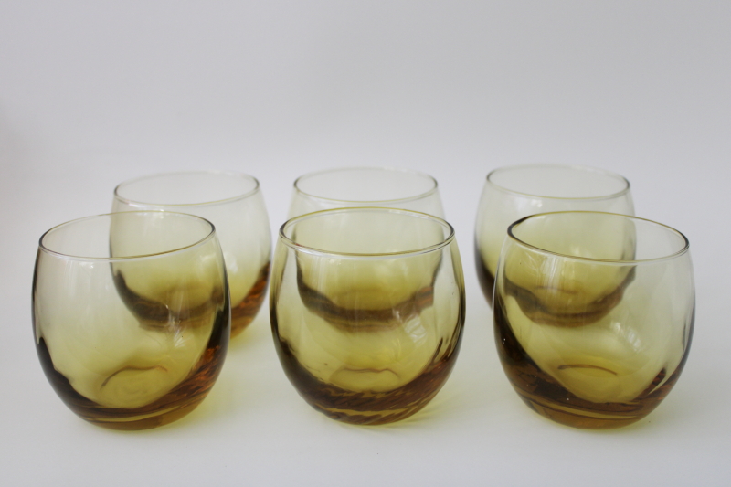 photo of 70s mod vintage Libbey roly poly glasses, Tiara gold optic pattern amber glass #1