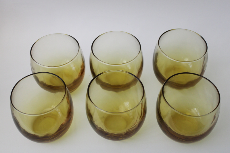 photo of 70s mod vintage Libbey roly poly glasses, Tiara gold optic pattern amber glass #2