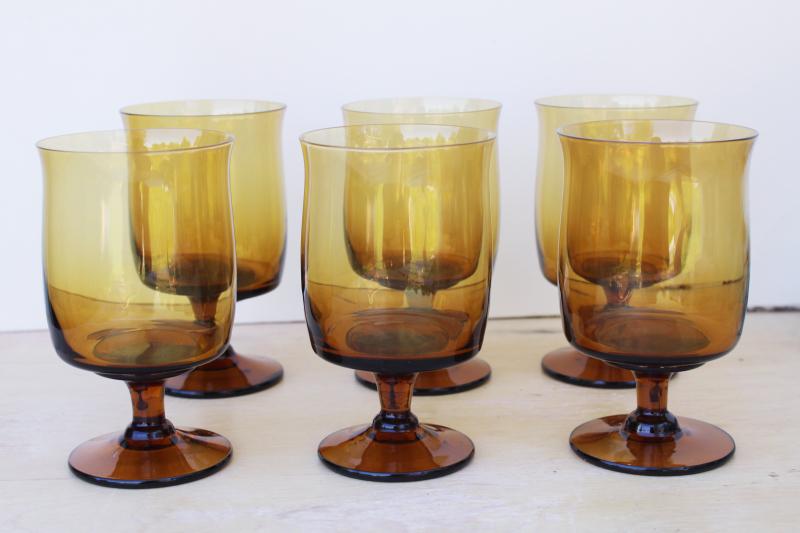 photo of 70s mod vintage amber glass stemware, tulip shape water goblets or wine glasses #1
