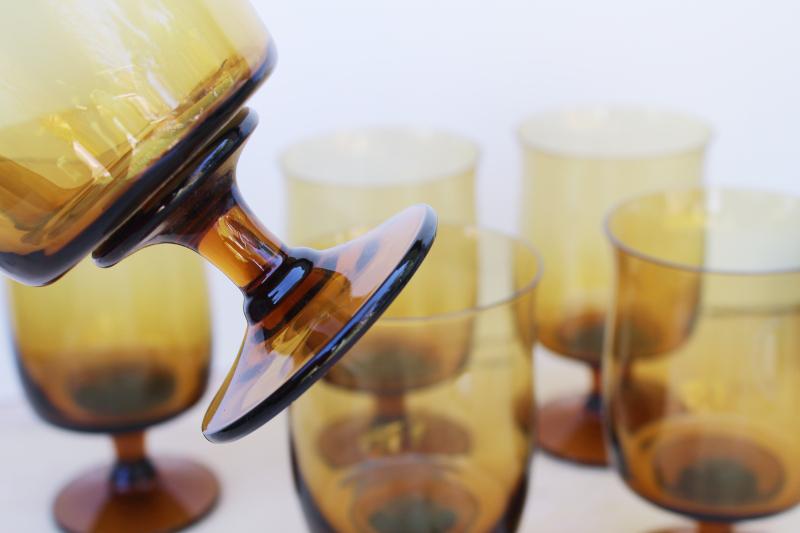 photo of 70s mod vintage amber glass stemware, tulip shape water goblets or wine glasses #3