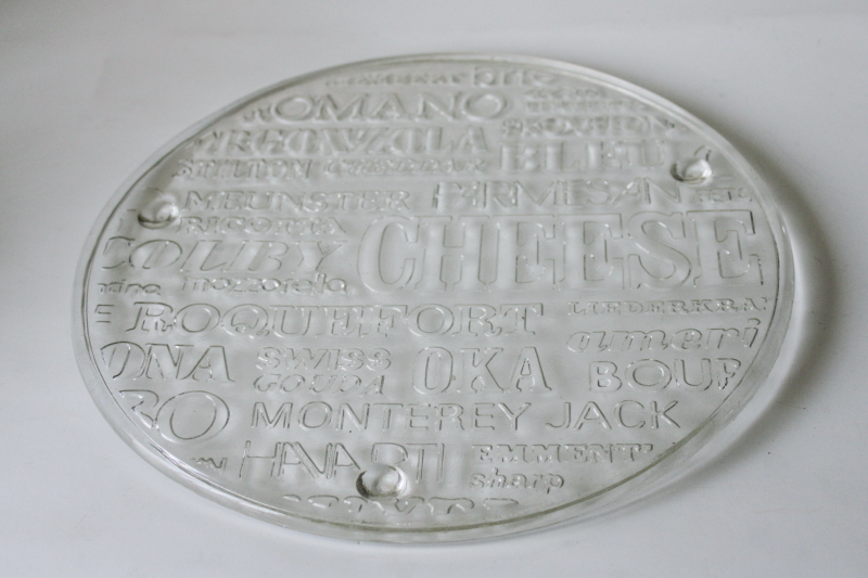 photo of 70s mod vintage cheese board serving plate, minimalist clear glass cheese varieties embossed design  #1