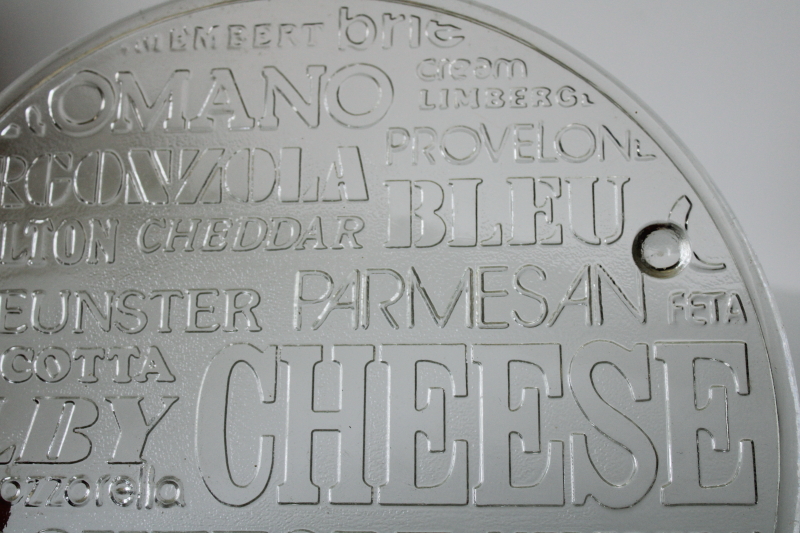 photo of 70s mod vintage cheese board serving plate, minimalist clear glass cheese varieties embossed design #2