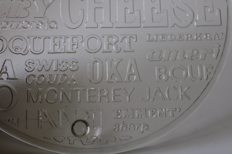 photo of 70s mod vintage cheese board serving plate, minimalist clear glass cheese varieties embossed design #3