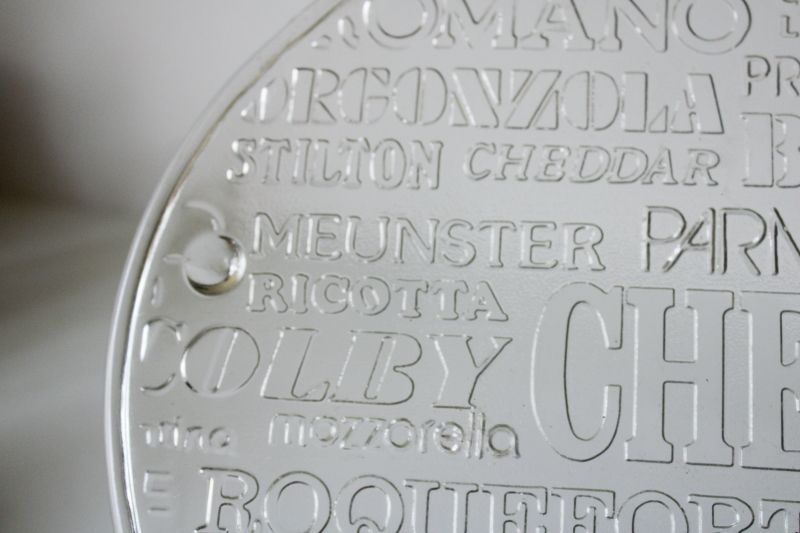 photo of 70s mod vintage cheese board serving plate, minimalist clear glass cheese varieties embossed design #4