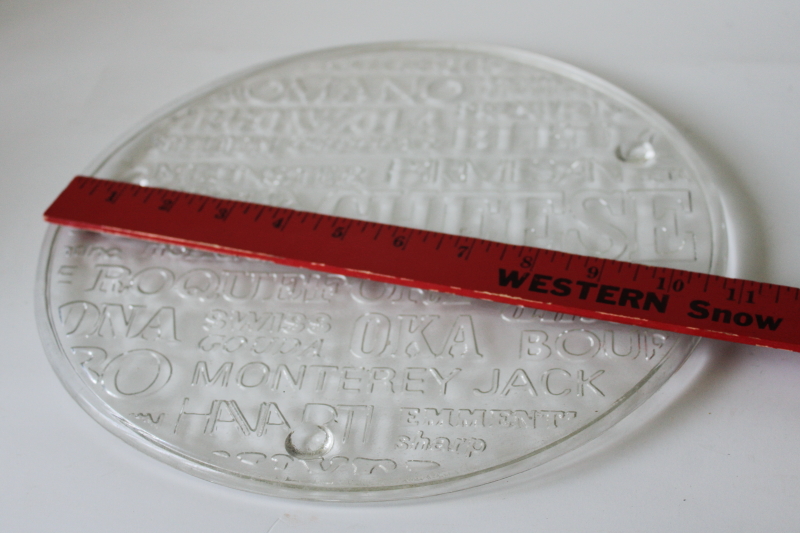 photo of 70s mod vintage cheese board serving plate, minimalist clear glass cheese varieties embossed design #5