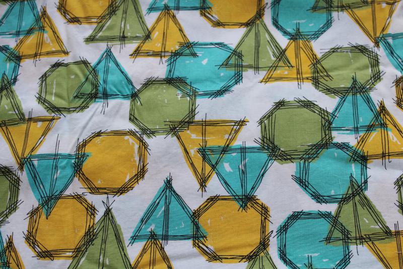 photo of 70s mod vintage cotton fabric, geometric drawing print yellow, aqua, olive green #1