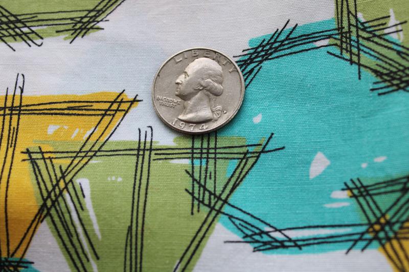 photo of 70s mod vintage cotton fabric, geometric drawing print yellow, aqua, olive green #3