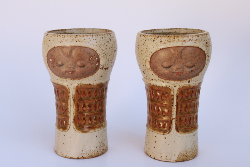 photo of 70s mod vintage pottery baby face tumblers, hand painted stoneware people made in Japan  #1