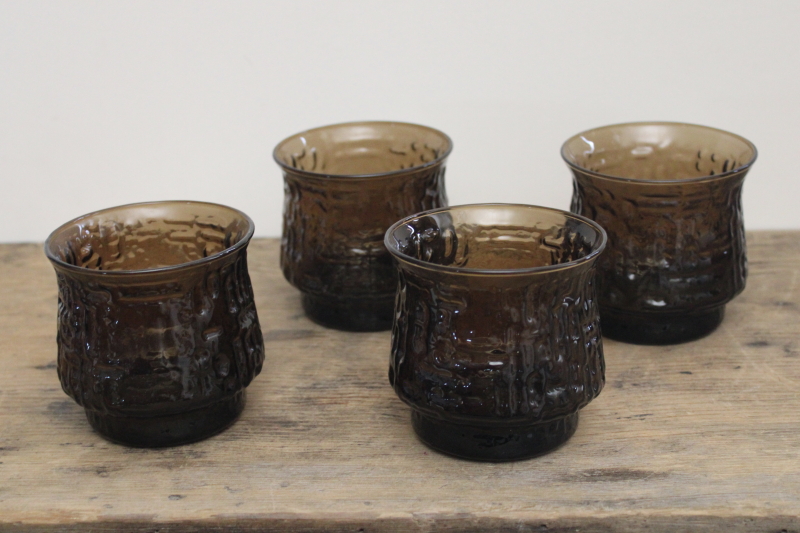 photo of 70s mod vintage rocks glasses, Libbey tawny brown Artica textured glass bar drinks tumblers #1