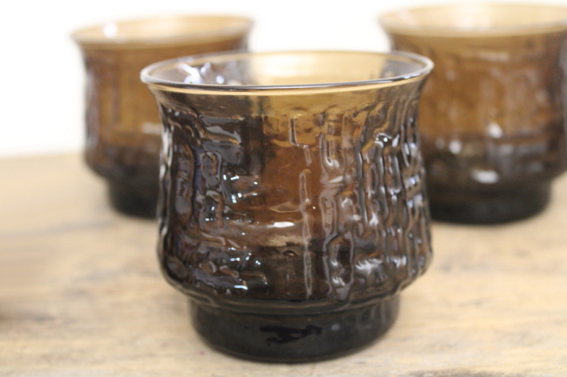 photo of 70s mod vintage rocks glasses, Libbey tawny brown Artica textured glass bar drinks tumblers #2