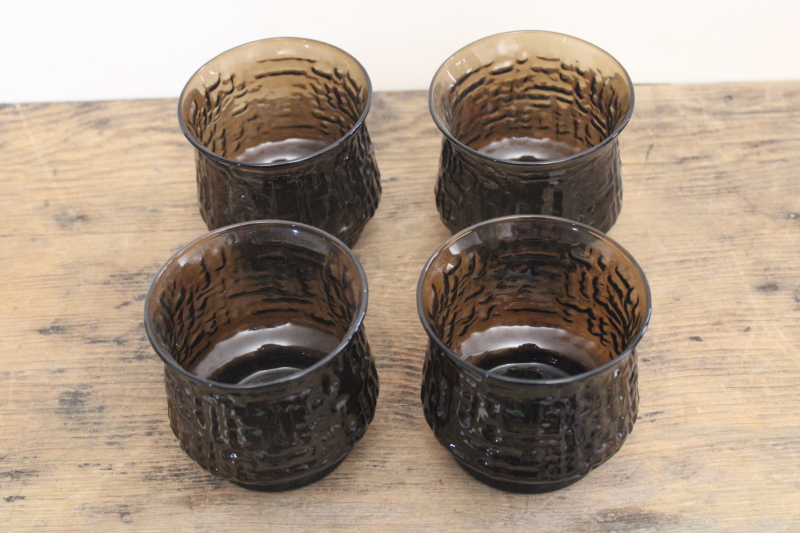 photo of 70s mod vintage rocks glasses, Libbey tawny brown Artica textured glass bar drinks tumblers #3