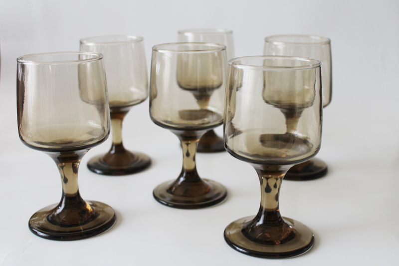 photo of 70s mod vintage smoke glass wine glasses, Libbey Accent tawny brown glassware #1