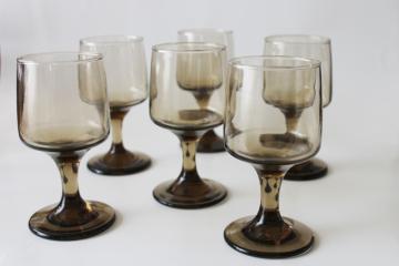 70s mod vintage smoke glass wine glasses, Libbey Accent tawny brown glassware