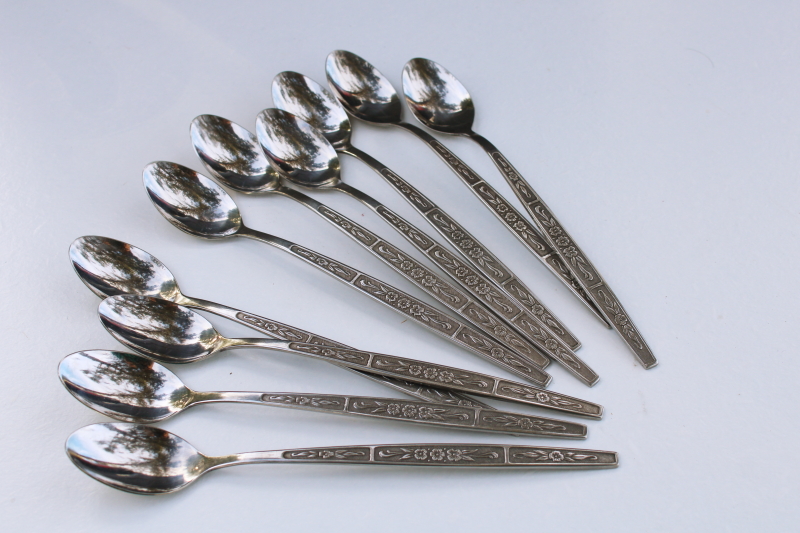 photo of 70s mod vintage stainless flatware, Imperial Serta pattern long handled iced tea spoons #1