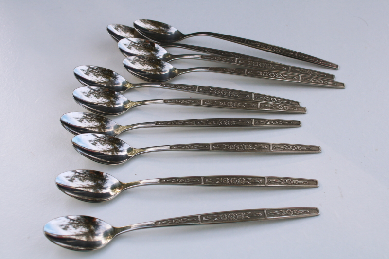 photo of 70s mod vintage stainless flatware, Imperial Serta pattern long handled iced tea spoons #4