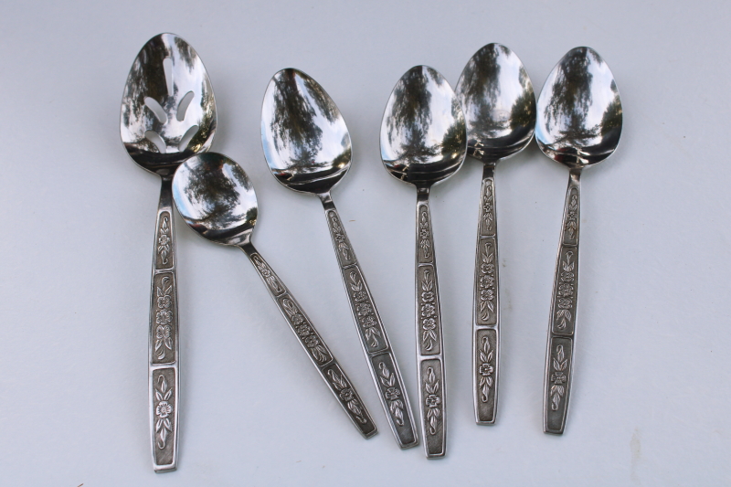 photo of 70s mod vintage stainless flatware, Imperial Serta soup spoons, sugar & serving spoon #1