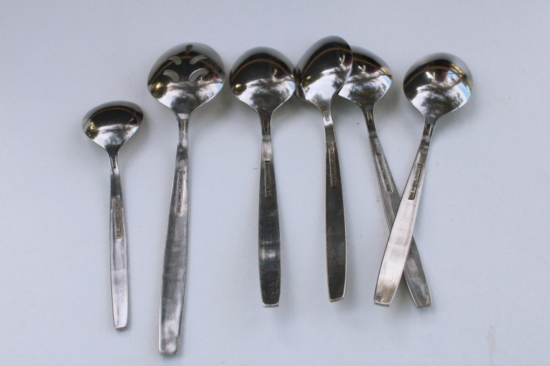 photo of 70s mod vintage stainless flatware, Imperial Serta soup spoons, sugar & serving spoon #3