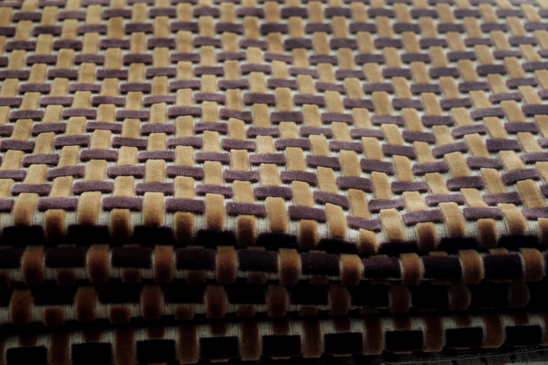 photo of 70s mod vintage upholstery fabric, basketweave velvet caramel & chocolate brown on flax linen cotton #1