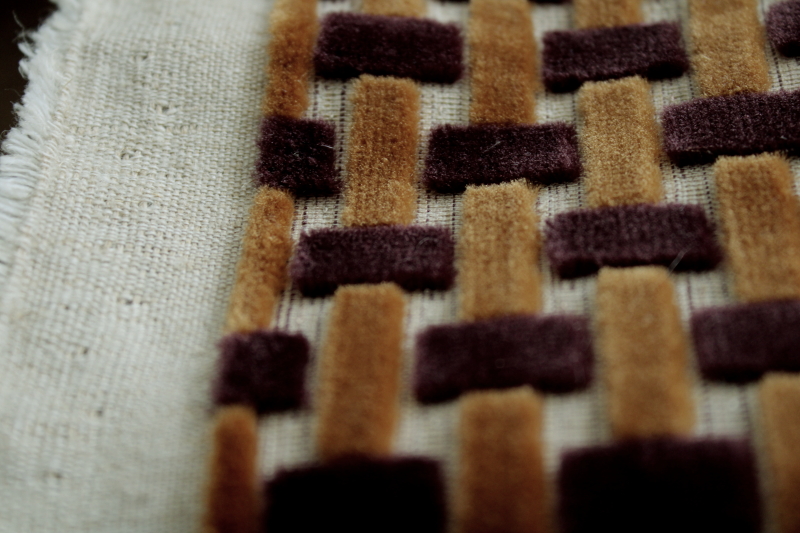 photo of 70s mod vintage upholstery fabric, basketweave velvet caramel & chocolate brown on flax linen cotton #2