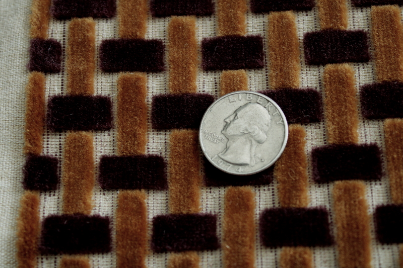 photo of 70s mod vintage upholstery fabric, basketweave velvet caramel & chocolate brown on flax linen cotton #3