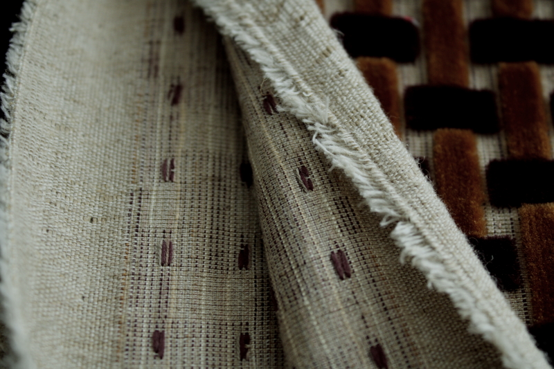 photo of 70s mod vintage upholstery fabric, basketweave velvet caramel & chocolate brown on flax linen cotton #4