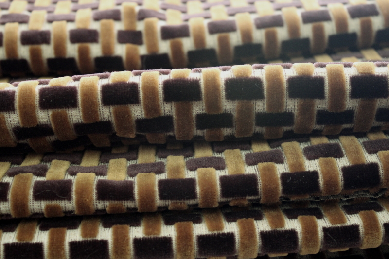 photo of 70s mod vintage upholstery fabric, basketweave velvet caramel & chocolate brown on flax linen cotton #5