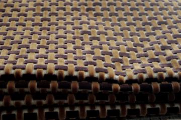 catalog photo of 70s mod vintage upholstery fabric, basketweave velvet caramel & chocolate brown on flax linen cotton