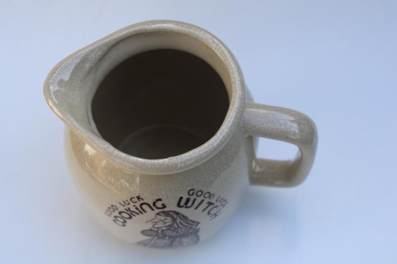 photo of 70s or 80s vintage good luck lucky Kitchen Witch printed stoneware pottery pitcher  #2