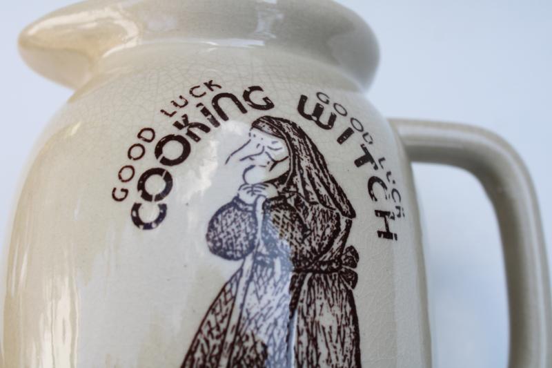 photo of 70s or 80s vintage good luck lucky Kitchen Witch printed stoneware pottery pitcher  #4