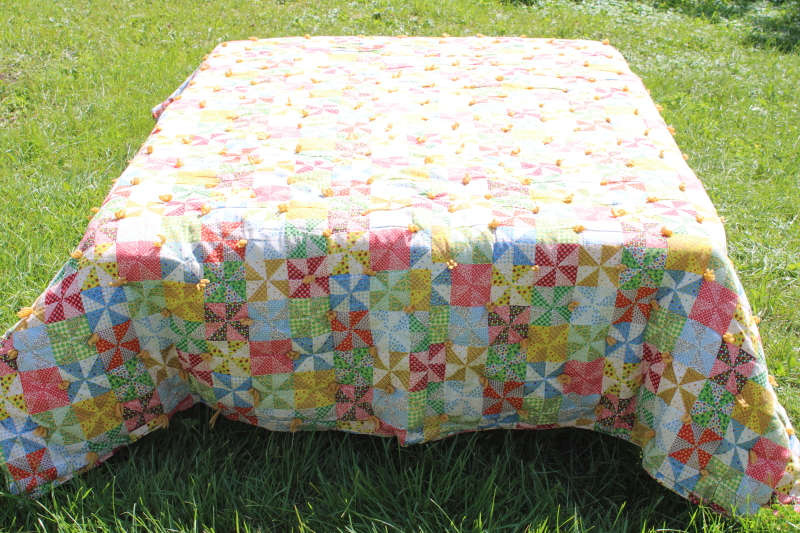 photo of 70s prairie girl vintage comforter, cheater patchwork print cotton whole cloth yarn tied quilt  #1