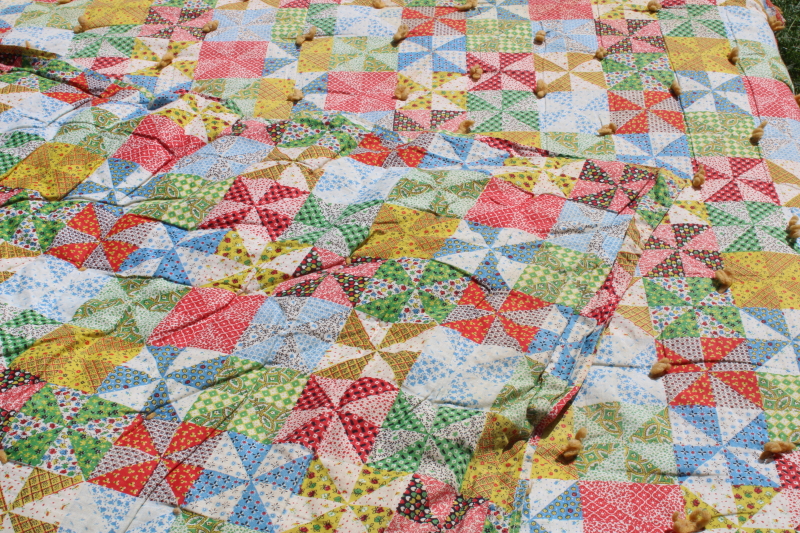 photo of 70s prairie girl vintage comforter, cheater patchwork print cotton whole cloth yarn tied quilt #4
