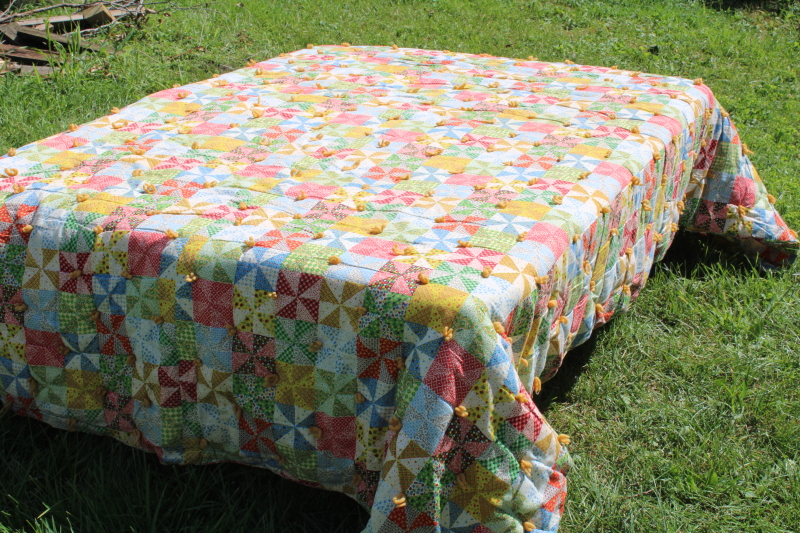 photo of 70s prairie girl vintage comforter, cheater patchwork print cotton whole cloth yarn tied quilt #6