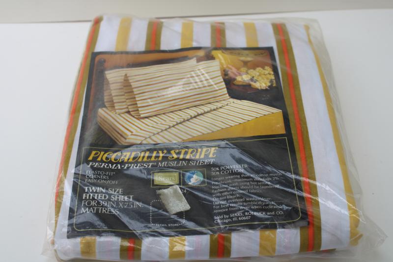 photo of 70s retro vintage bedding, mint in package bed sheet w/ orange avocado green gold stripe #1