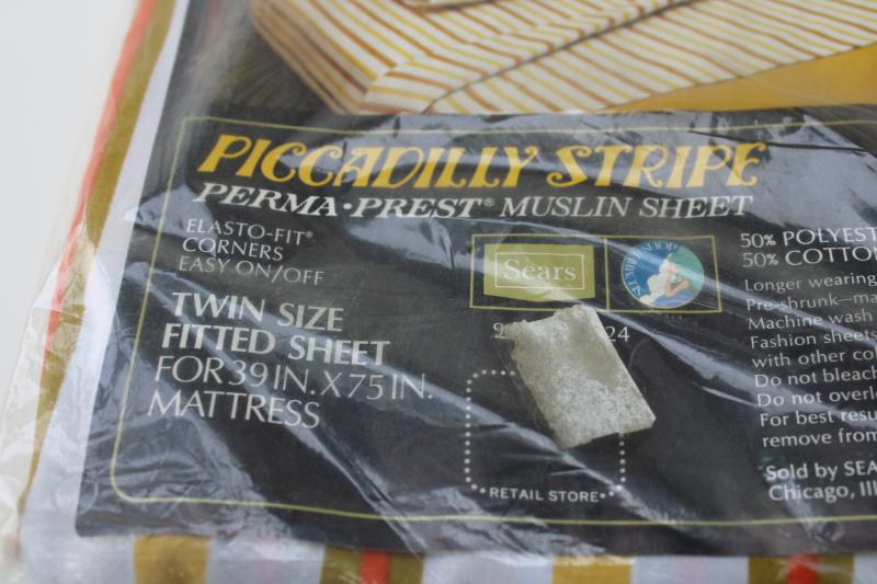 photo of 70s retro vintage bedding, mint in package bed sheet w/ orange avocado green gold stripe #3