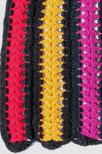 photo of 70s retro vintage crochet afghan blanket, multi-colored stripes w/ black  #3