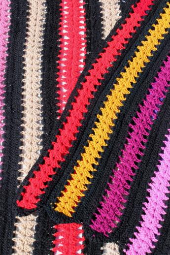 photo of 70s retro vintage crochet afghan blanket, multi-colored stripes w/ black  #6