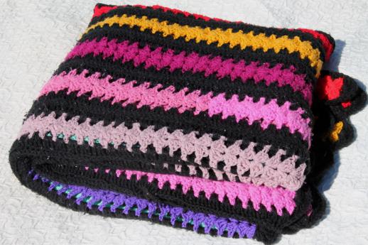 photo of 70s retro vintage crochet afghan blanket, multi-colored stripes w/ black  #7