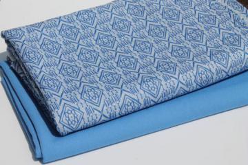 catalog photo of 70s retro vintage poly double-knit fabric, sky blue & white coordinating fabrics