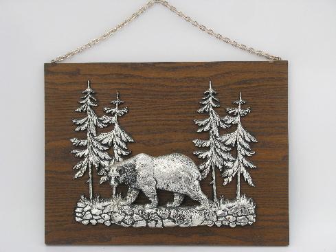 photo of 70s retro wall art plaque, Alaska wilderness, pines and grizzly bear #1