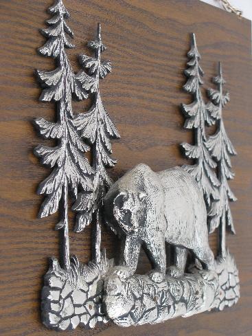 photo of 70s retro wall art plaque, Alaska wilderness, pines and grizzly bear #3