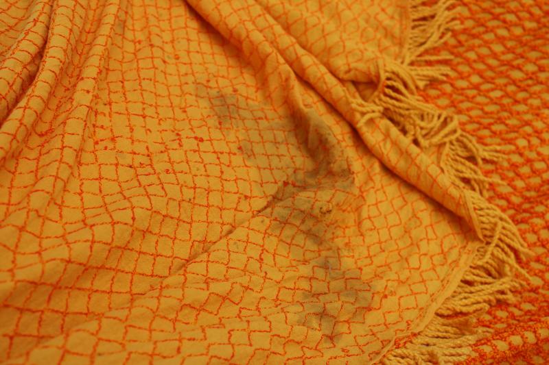 photo of 70s retro yellow gold orange chenille, vintage bedspread for upcycle project cutter fabric #4