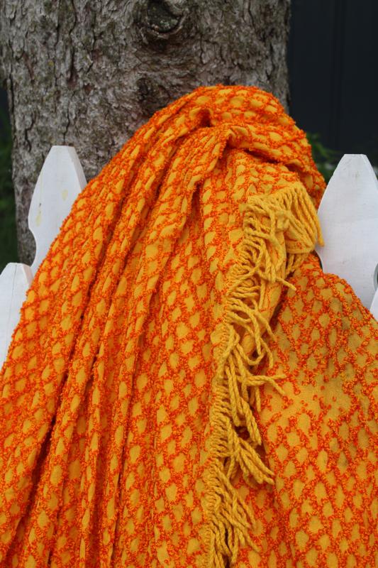 photo of 70s retro yellow gold orange chenille, vintage bedspread for upcycle project cutter fabric #6